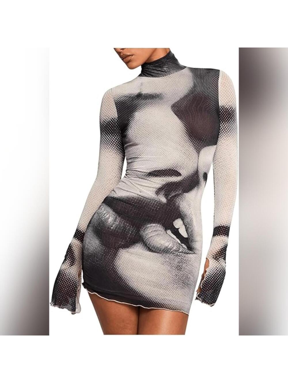 NWOT GORGLITTER Mesh Y2K Rave Long Sleeve Newspaper Mini Dress, Small